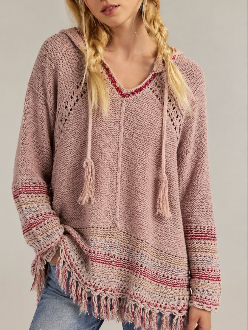 LOVESTITCH FRINGE TRIM HOODIE TUNIC SWEATER